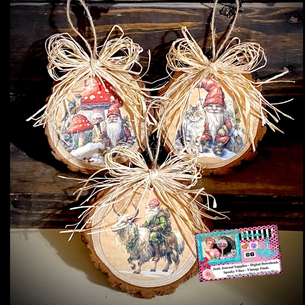 Rustic Gnome Wooden Bark Set of 3 Christmas/Yuletide Ornaments